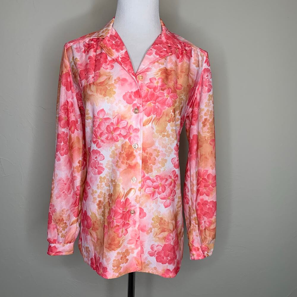 Vintage Pink Peach Floral 1970s Polyester Blouse Sz Small